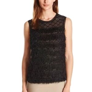 BCBGMaxazria Auden Fringe Lace Sheer Back Blouse size XS/S Black